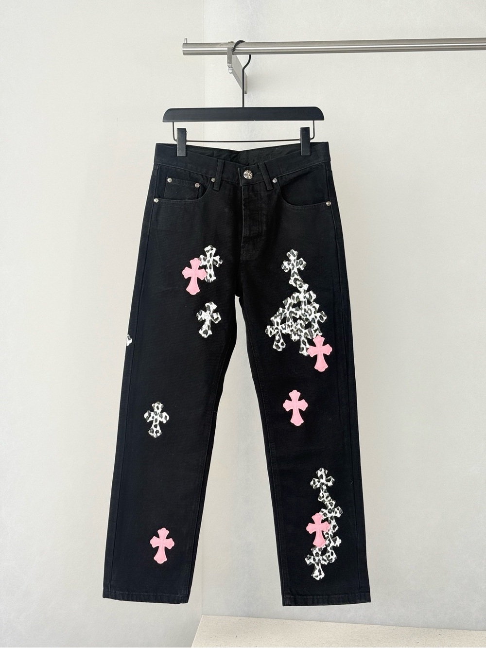 Chrome Hearts Black Straight-Leg Jeans with Pink & White Crosses